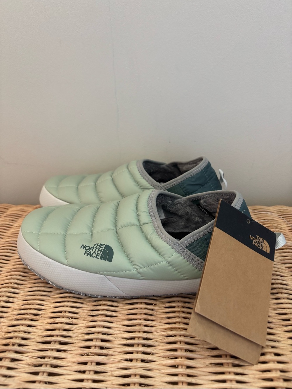 The North Face Thermoball Slippers Quilted Slip-On Shoes in Mint Green